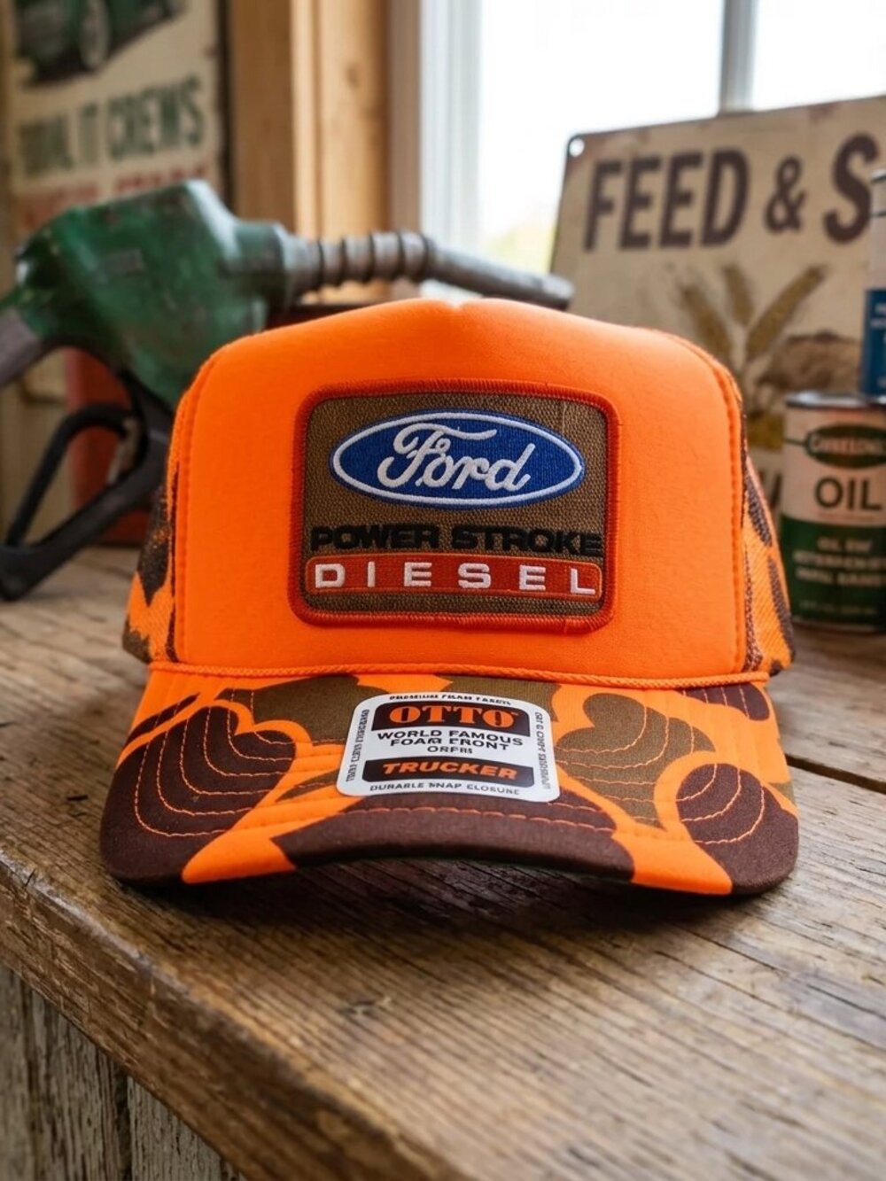 Ford Power Stroke Diesel Patch Blaze Orange Camo OTTO Foam Rope Hat New F150 USA